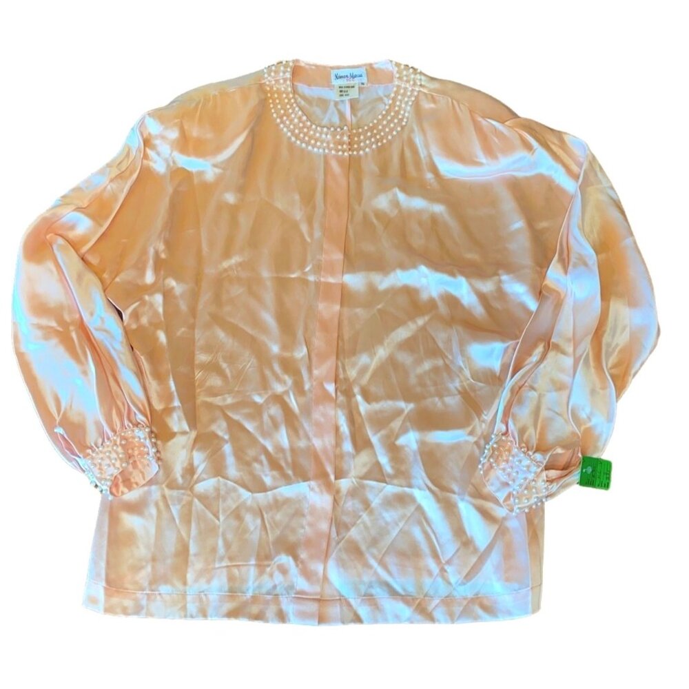 Neiman Marcus 100% Silk Pearl Embellished Blouse S Made In Hong Kong Peach Long